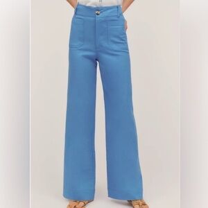MAEVE ANTHROPOLOGIE THE COLETTE BLUE COTTON LINEN WIDE LEG PANTS SIZE 33 PETITE